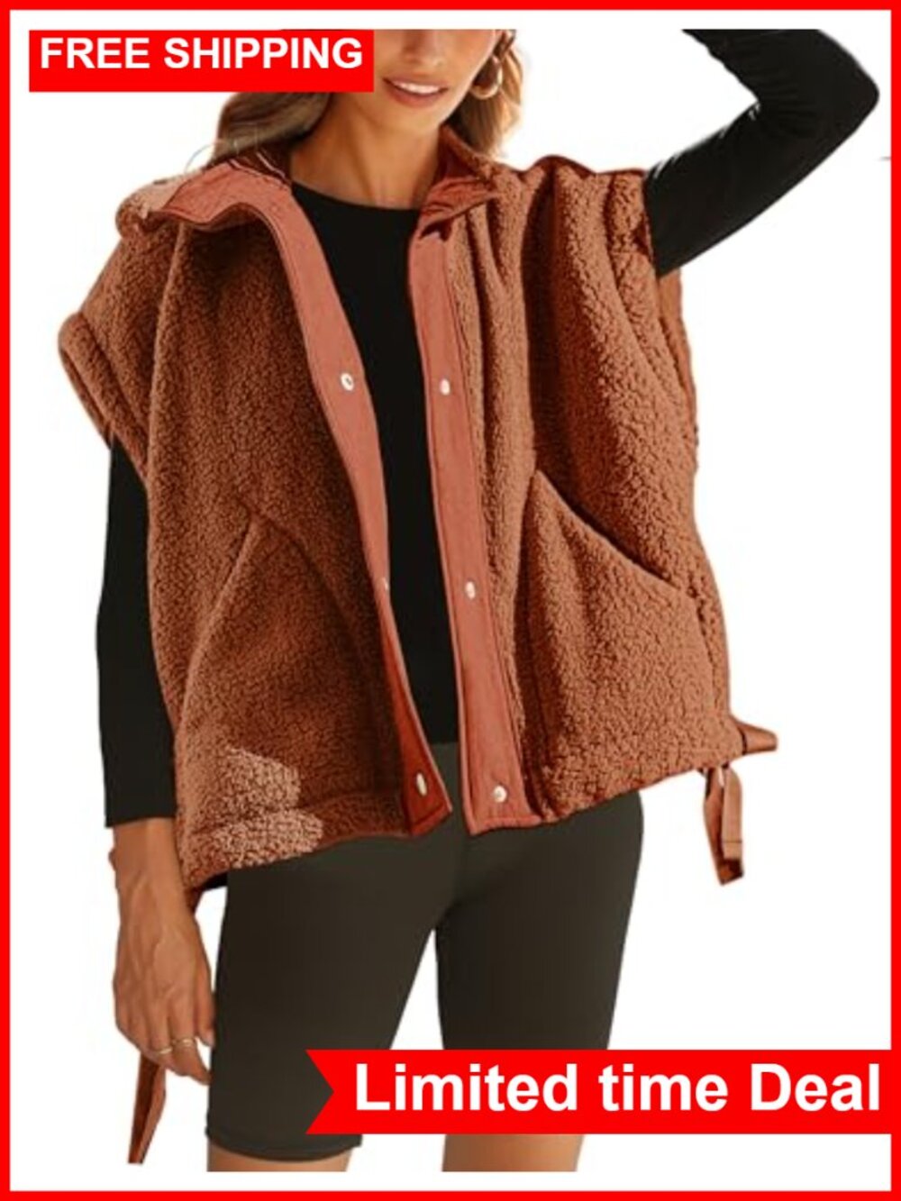 Oversized Sherpa Fleece Vest Fuzzy Sleeveless Gilet Snap Button Women's